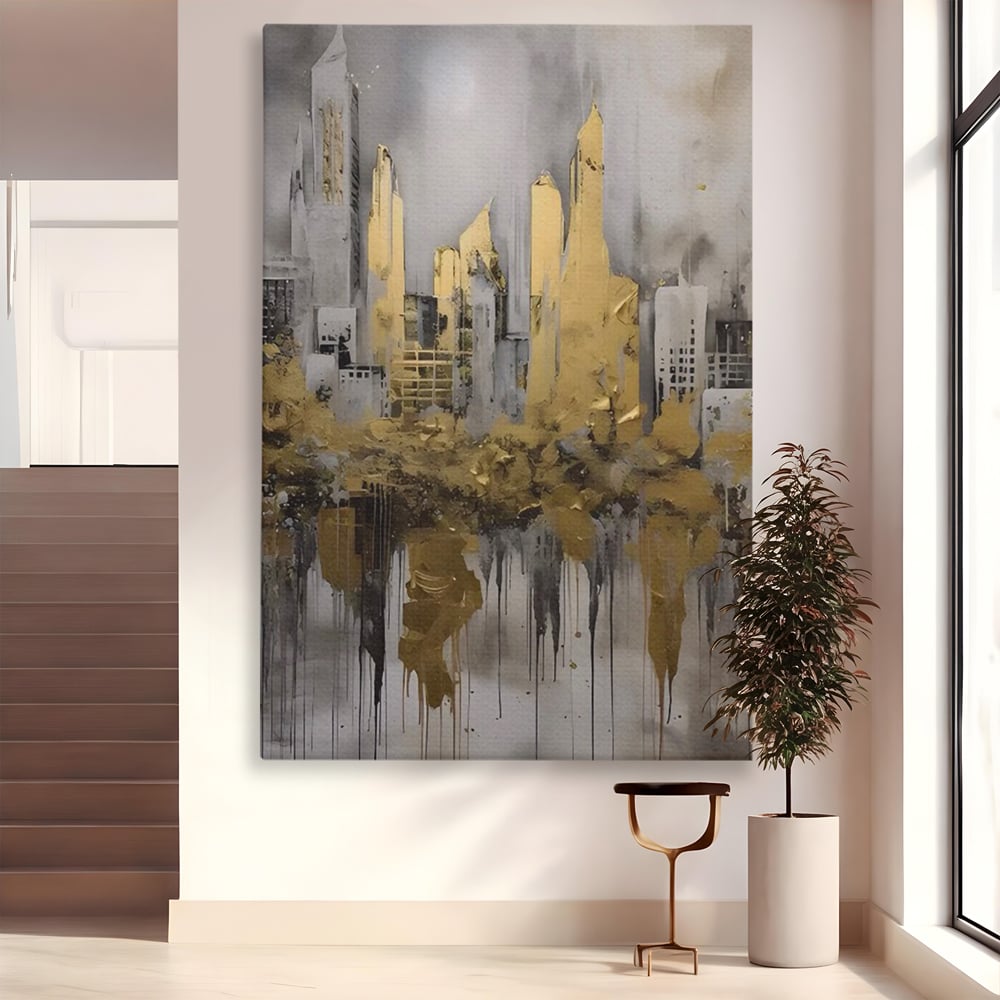 Tablou canvas cu tablou canvas cu zgarie-nori aurii, fara rama, pe sasiu de lemn